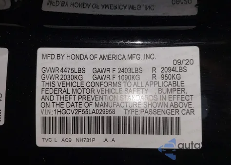2020 Honda Accord Exl z USA, uszkodzony, nr VIN 1HGCV2F55LA029958